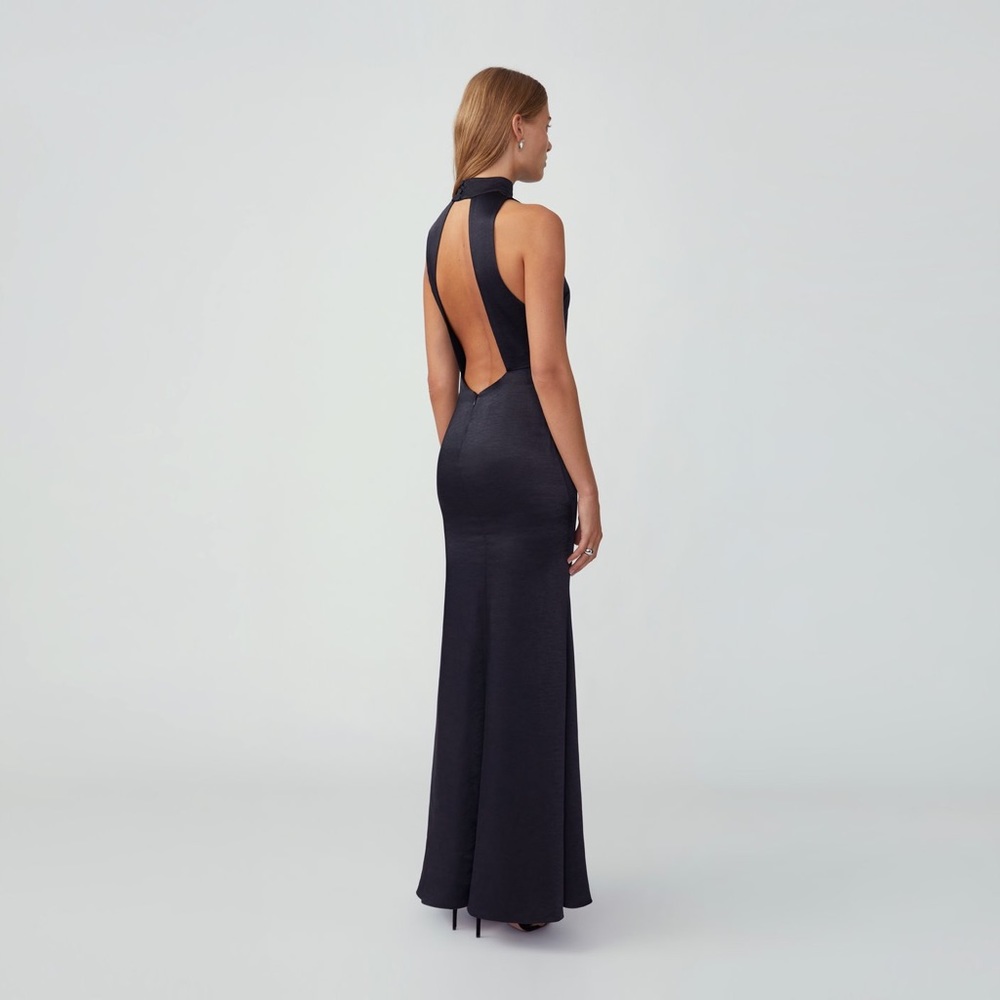 FAME AND PARTNERS High Neck Flared Maxi, Ivory Satin, Petite, Size 2